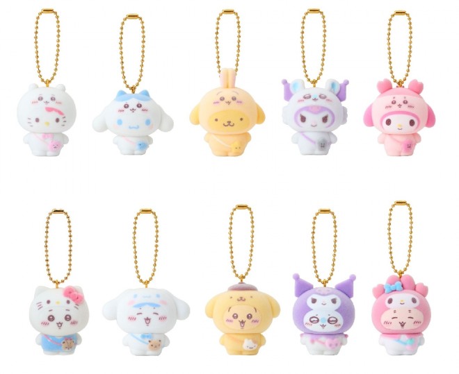 The Chiikawa × Sanrio Characters collaboration features mascots in fuzzy costume crossovers, with 21 new items releasing June 13 nationwide